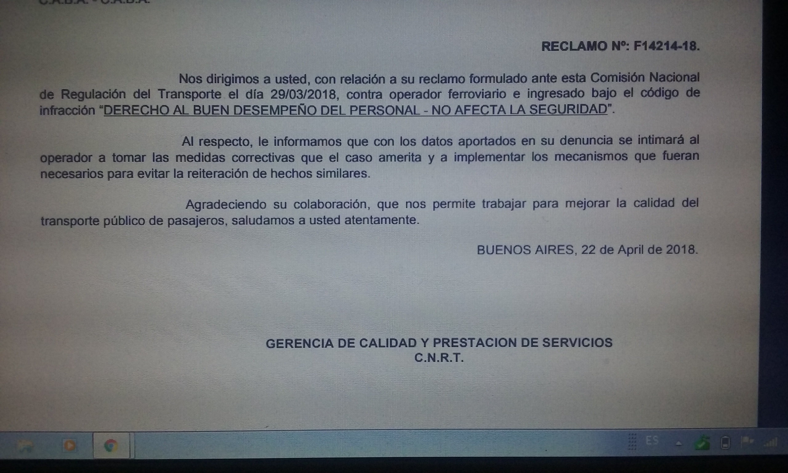 Respuesta de la CNRT